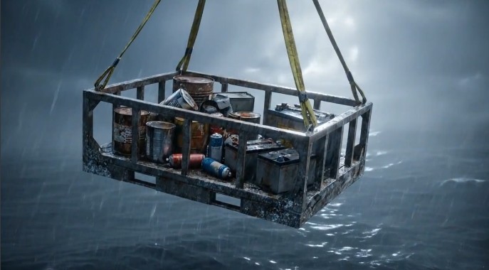 Offshore cargo basket with mixed drums and cylinders lifted in heavy weather