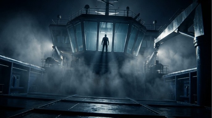 Ship's Master silhouetted on the bridge at night