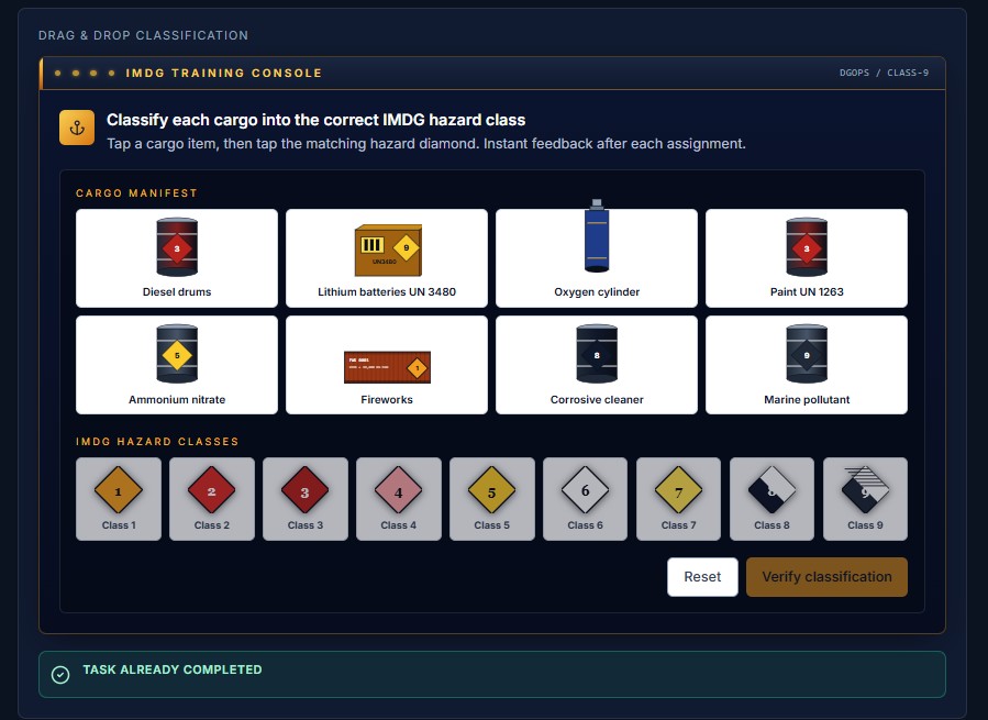 IMDG hazard class drag-and-drop classification task screenshot