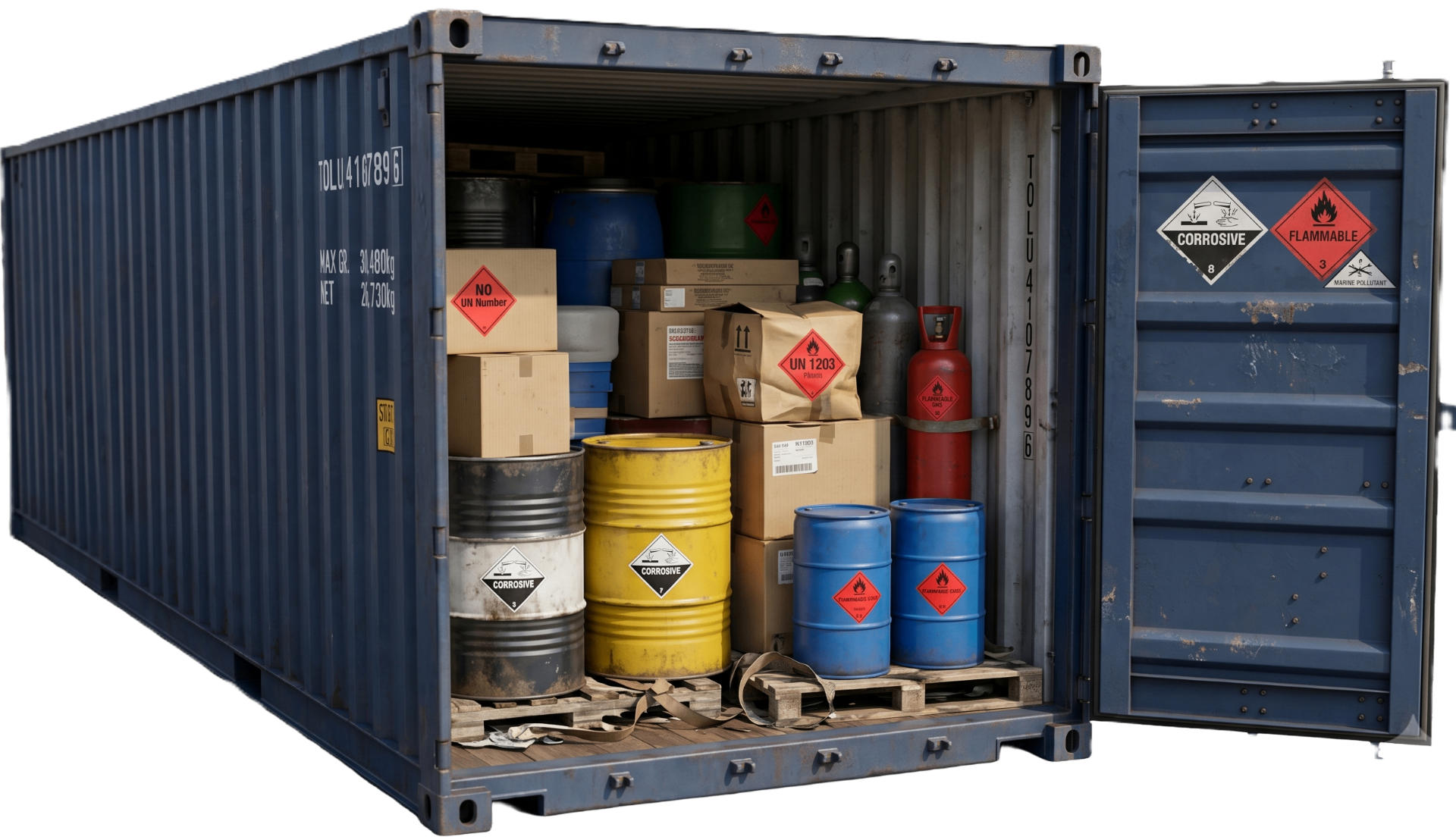 Open dangerous-goods CTU with drums, cylinders and IMDG placards