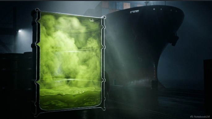 Leaking drum venting green vapour beside a container ship at night