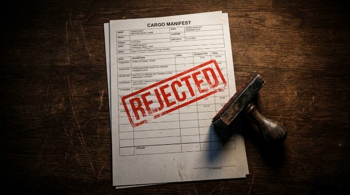 Cargo manifest stamped REJECTED for incomplete dangerous goods declaration
