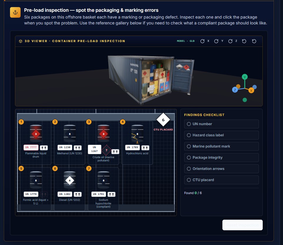 IMDG container pre-load inspection 3D viewer screenshot