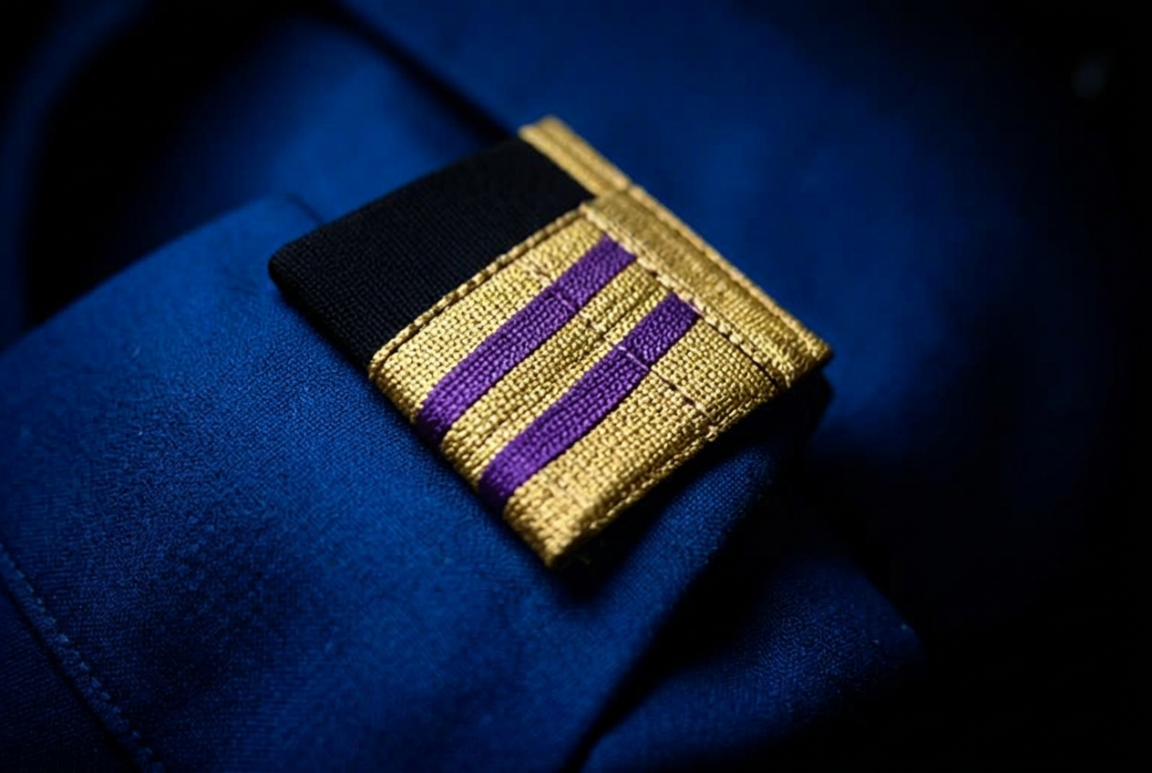 Second Engineer rank epaulette — three gold and purple stripes