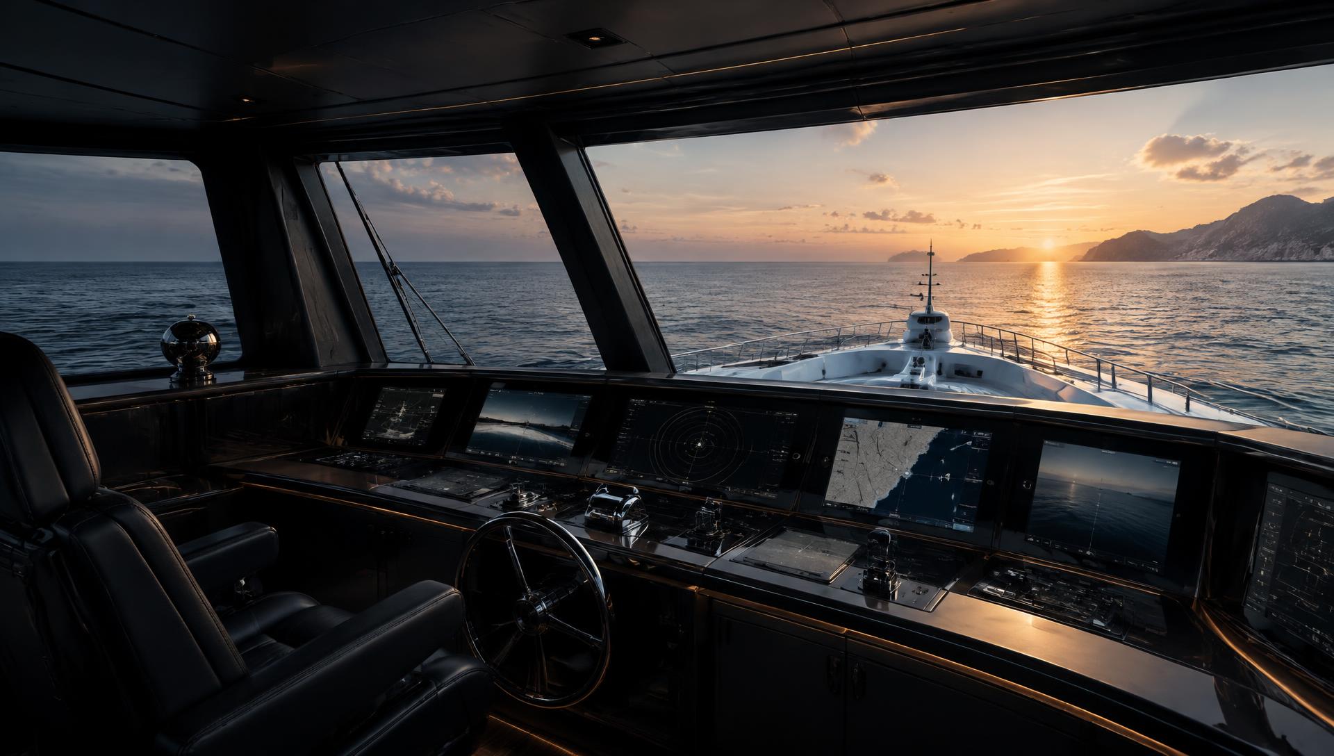 Superyacht bridge overlooking the sea at sunrise