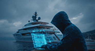 Crew navigating ship with digital AI threat visualization overlay for maritime cyber security training